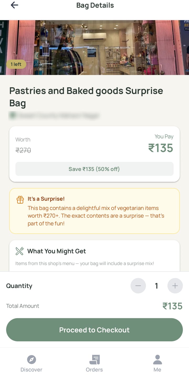 Bag details: a pastries and baked goods surprise bag worth ₹270, you pay ₹135, 50% off