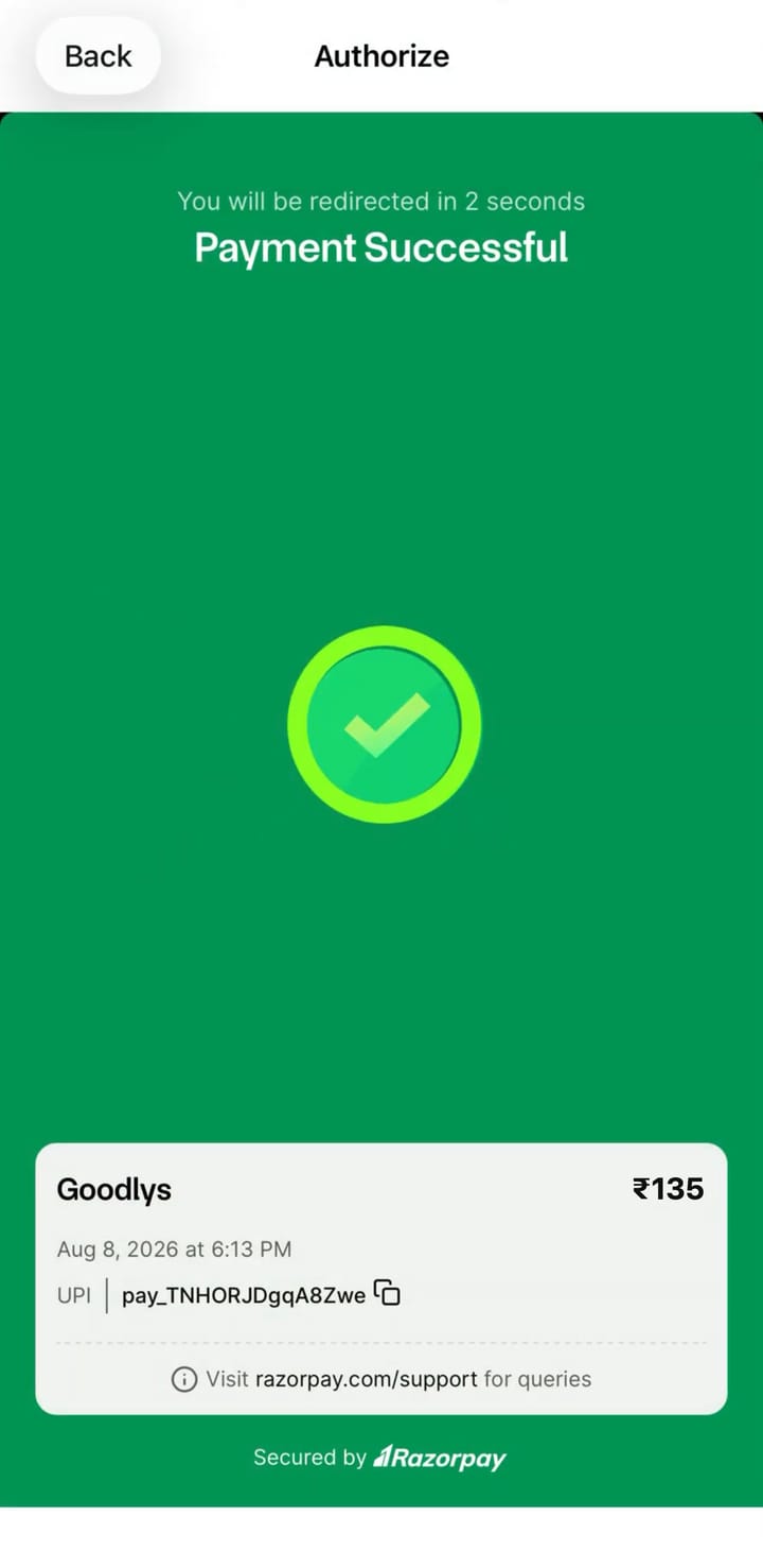 Payment successful by UPI, secured by Razorpay