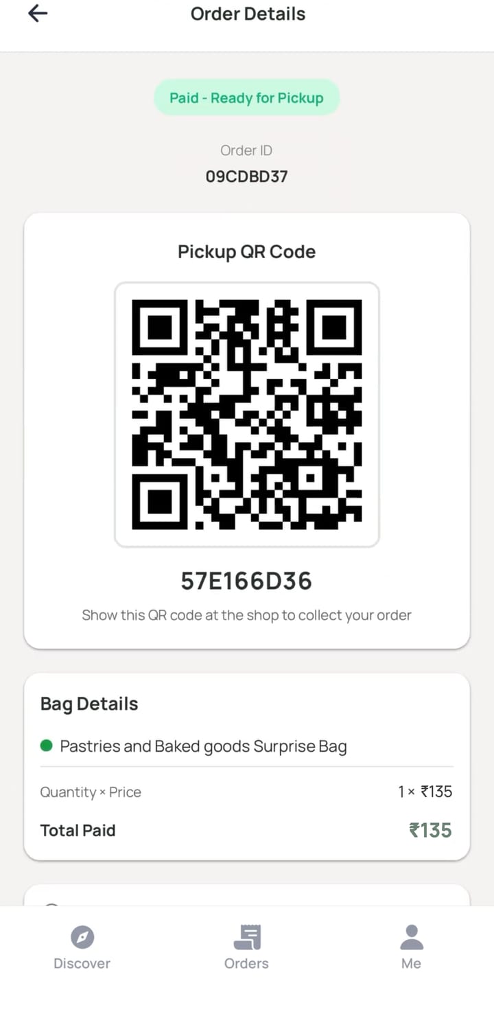 Order paid and ready for pickup, with a QR code to show at the shop