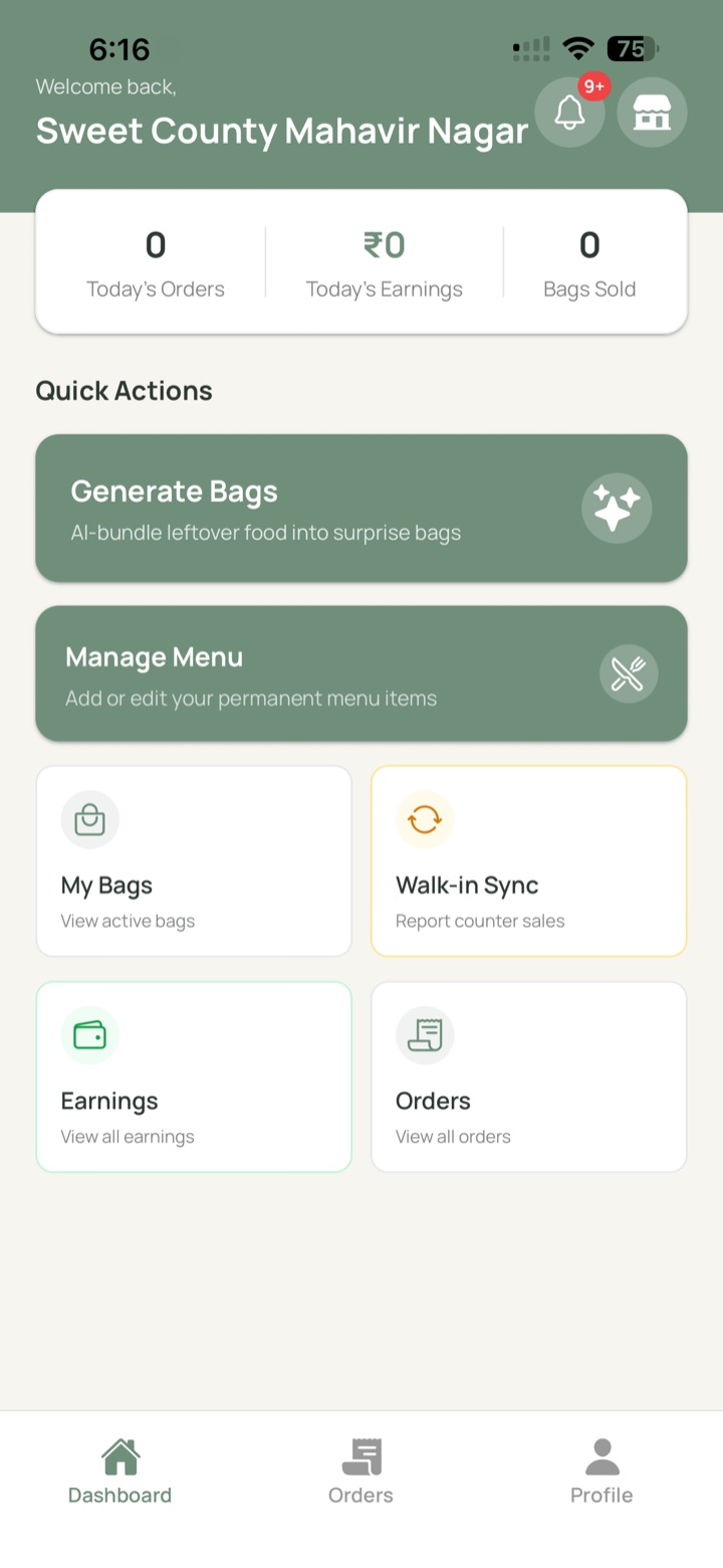 Partner dashboard with today's orders, earnings and a Generate Bags button