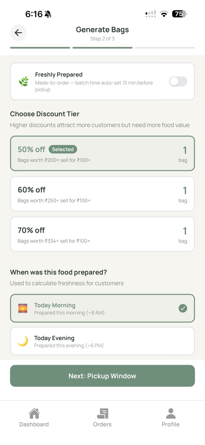 Generate Bags step 2: choosing a discount tier and when the food was prepared